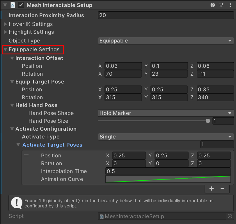 Uma captura de tela do componente Mesh Interactable Setup com as configurações Equippable exibidas.