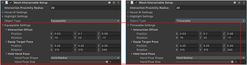 Uma captura de tela do componente Configuração Interacionável de Malha com as configurações comuns a Equippables e Throwables realçadas.