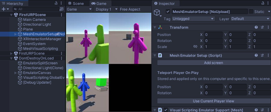 Uma captura de tela de um projeto do Unity executando o Emulador de Malha.
