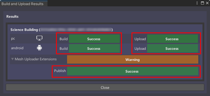 Uma captura de tela da janela compilar e carregar resultados com os resultados de um build bem-sucedido.