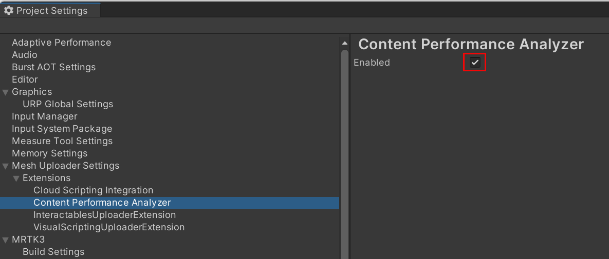 Uma captura de tela da página Performance Analyzer conteúdo em Configurações do Projeto.