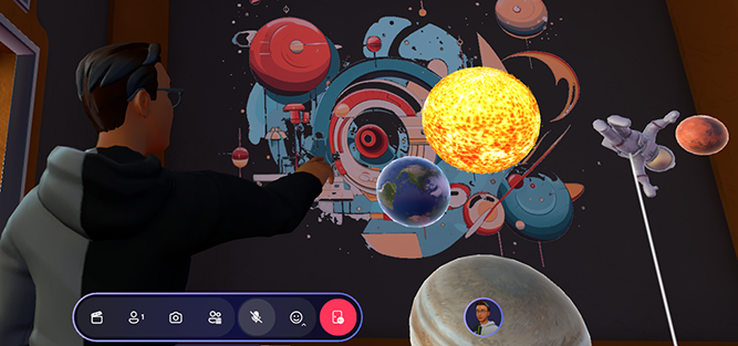 Uma captura de tela de um participante do Mesh na atividade do Sistema Solar agarrando o astronauta.