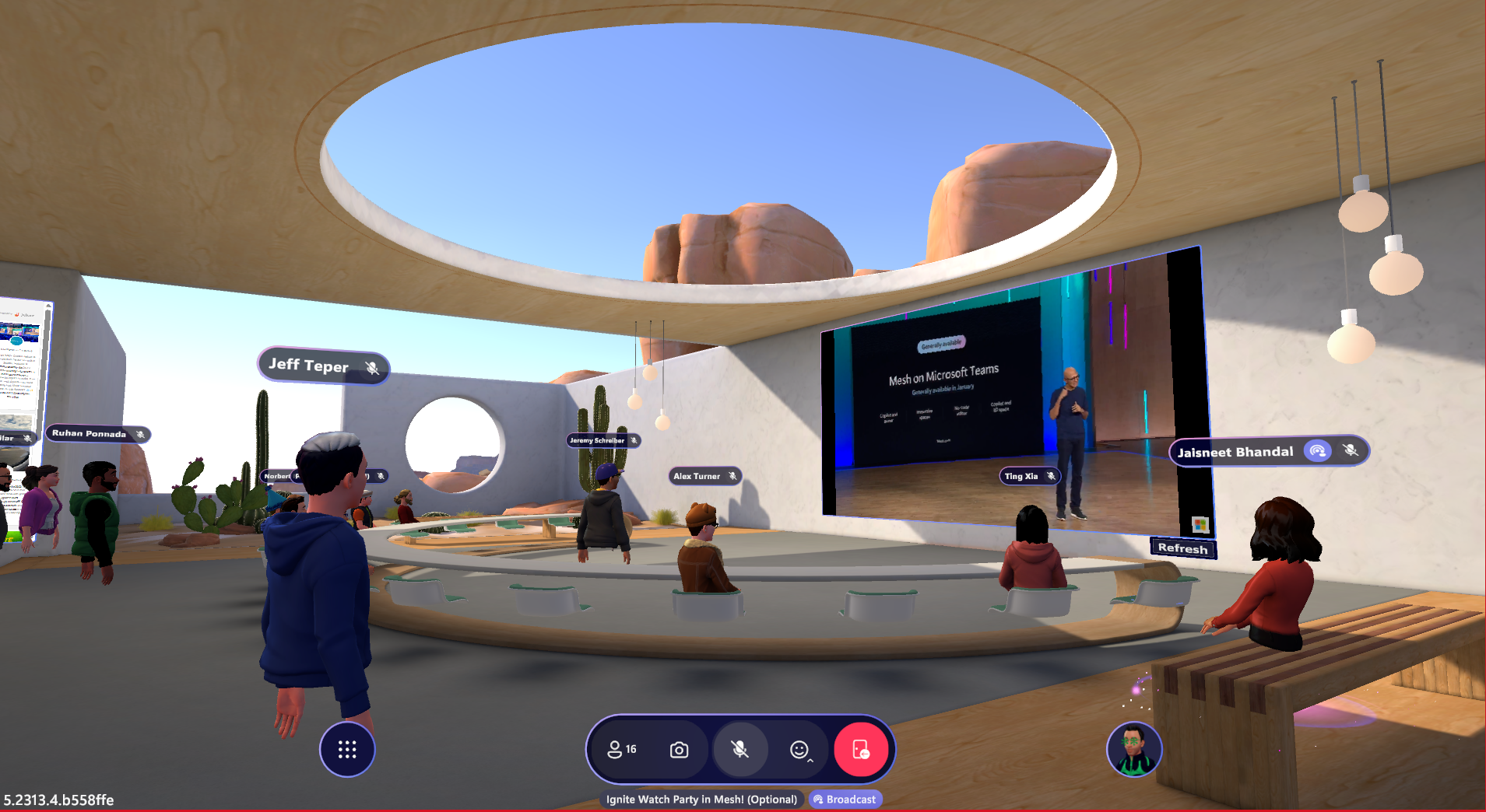 Uma captura de tela de um evento mesh com participantes assistindo a uma transmissão ao vivo do evento Microsoft Ignite.
