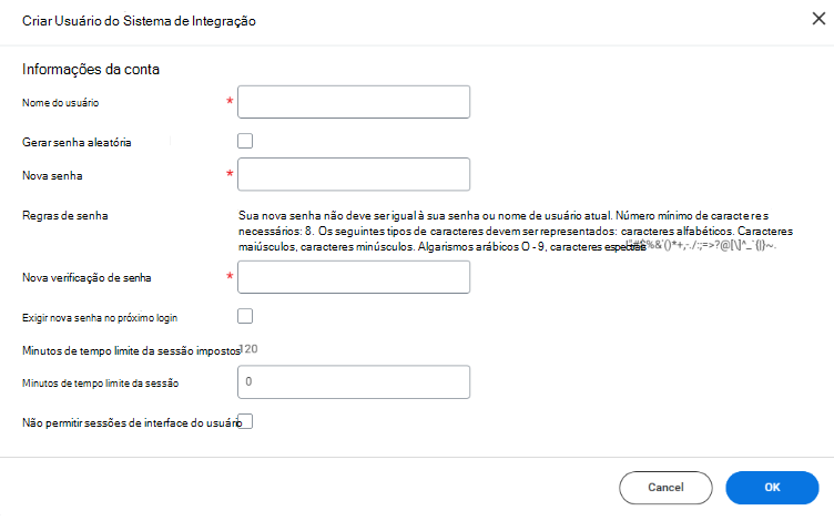 Captura de tela da página para Criar Usuário do Sistema de Integração.