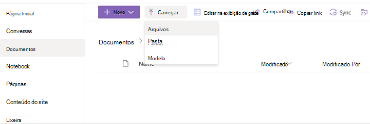 Uma captura de tela mostra o menu Carregar no Microsoft Office SharePoint Online.