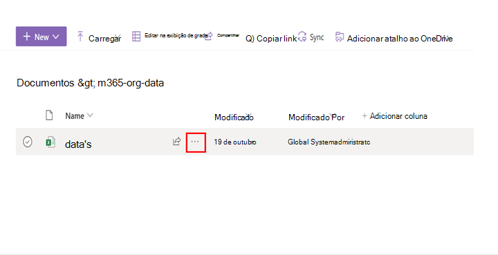 Uma captura de tela mostra a opção de reticências ao lado de um arquivo em uma biblioteca do SharePoint. 