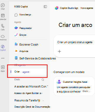 Ponto de entrada do Agent Builder no Microsoft 365 Copilot