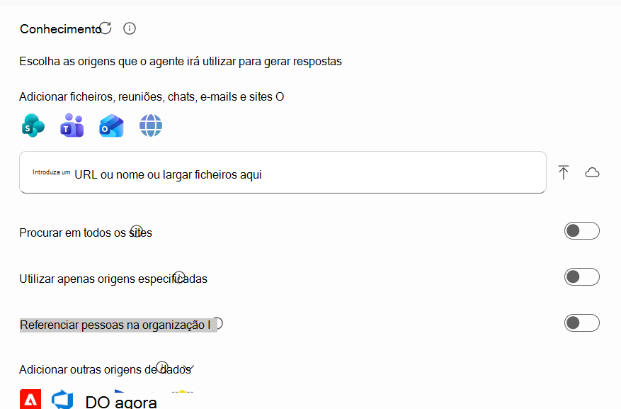 Uma captura de ecrã da secção Conhecimento do separador Configurar com a IU do Seletor a ser apresentada.