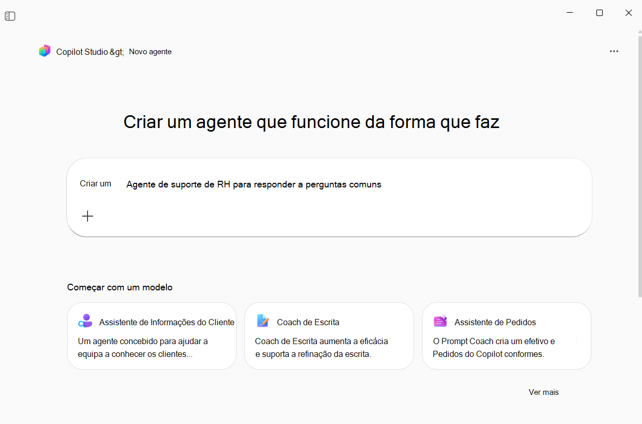Ecrã inicial do Agent Builder