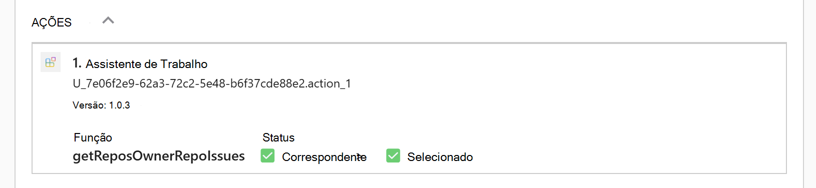 Captura de ecrã a mostrar Microsoft 365 Copilot sessão em que o Copilot devolveu uma card com informações de depuração que mostram as ações do agente configurada