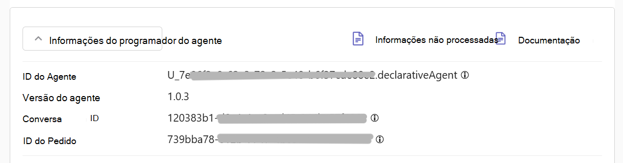 Captura de ecrã a mostrar Microsoft 365 Copilot sessão em que Copilot devolveu um card com informações de depuração que mostram os metadados do agente