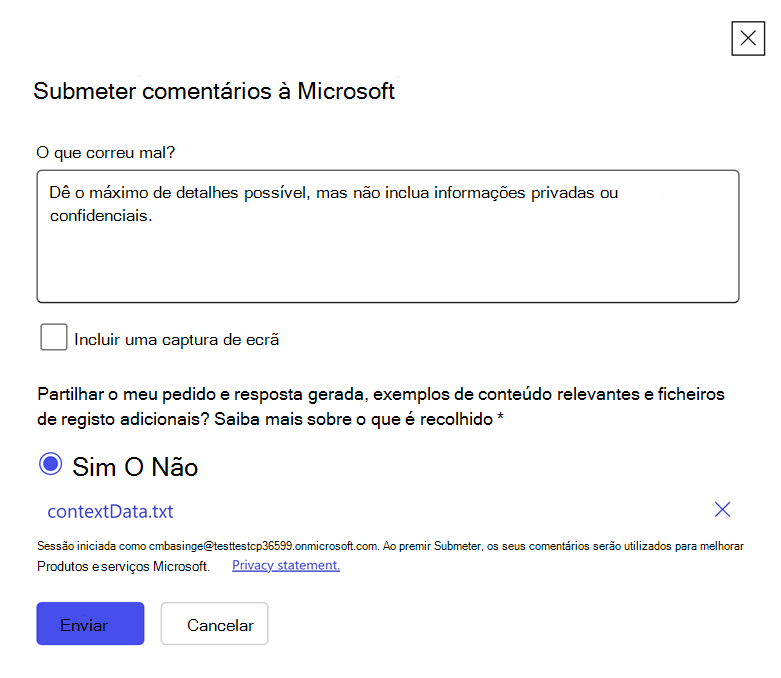 Captura de ecrã a mostrar Microsoft 365 Copilot feedback na caixa de texto