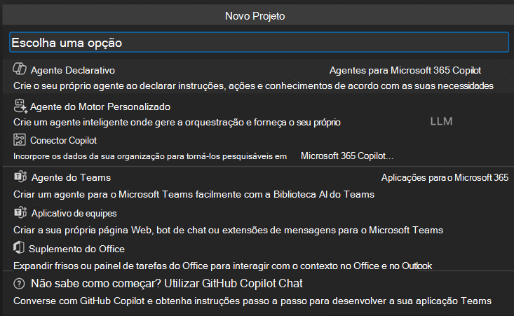 Captura de ecrã das opções Novo Projeto com o Agente Declarativo na parte superior.