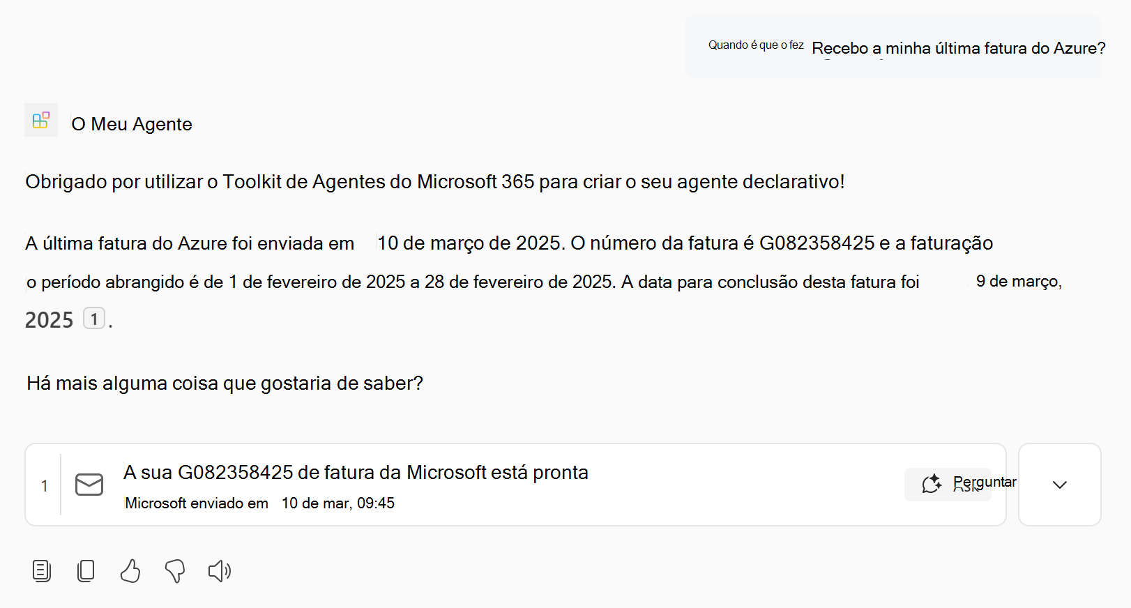 Uma captura de ecrã a mostrar uma resposta do agente declarativo que contém conhecimentos de e-mail