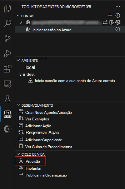 Uma captura de ecrã da opção Aprovisionar no painel Ciclo de Vida do Toolkit de Agentes do Microsoft 365