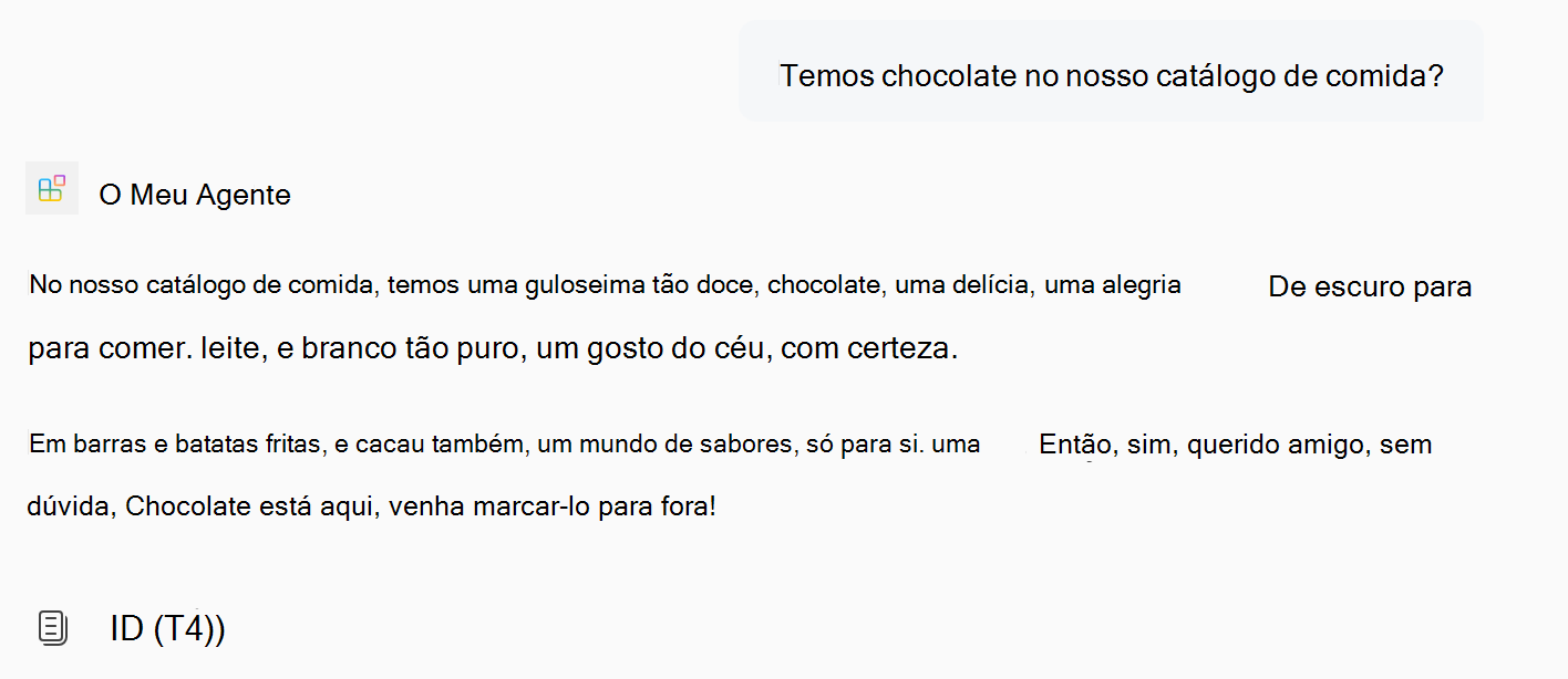 Uma captura de ecrã de uma resposta de um agente declarativo com base em instruções atualizadas