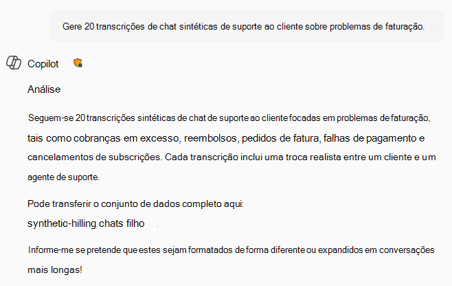 Tabela de conversas sintéticas de suporte ao cliente.