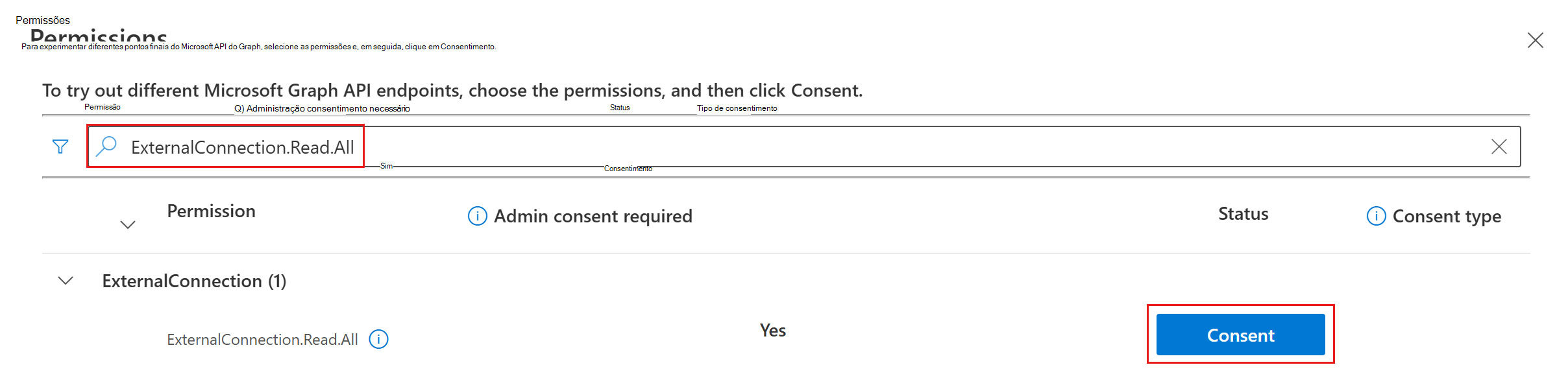 Uma captura de ecrã da caixa de diálogo de consentimento de permissão do Graph Explorer com ExternalConnection.Read.All