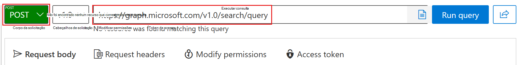 Uma captura de ecrã do campo de pedido do Graph Explorer com uma consulta de pesquisa