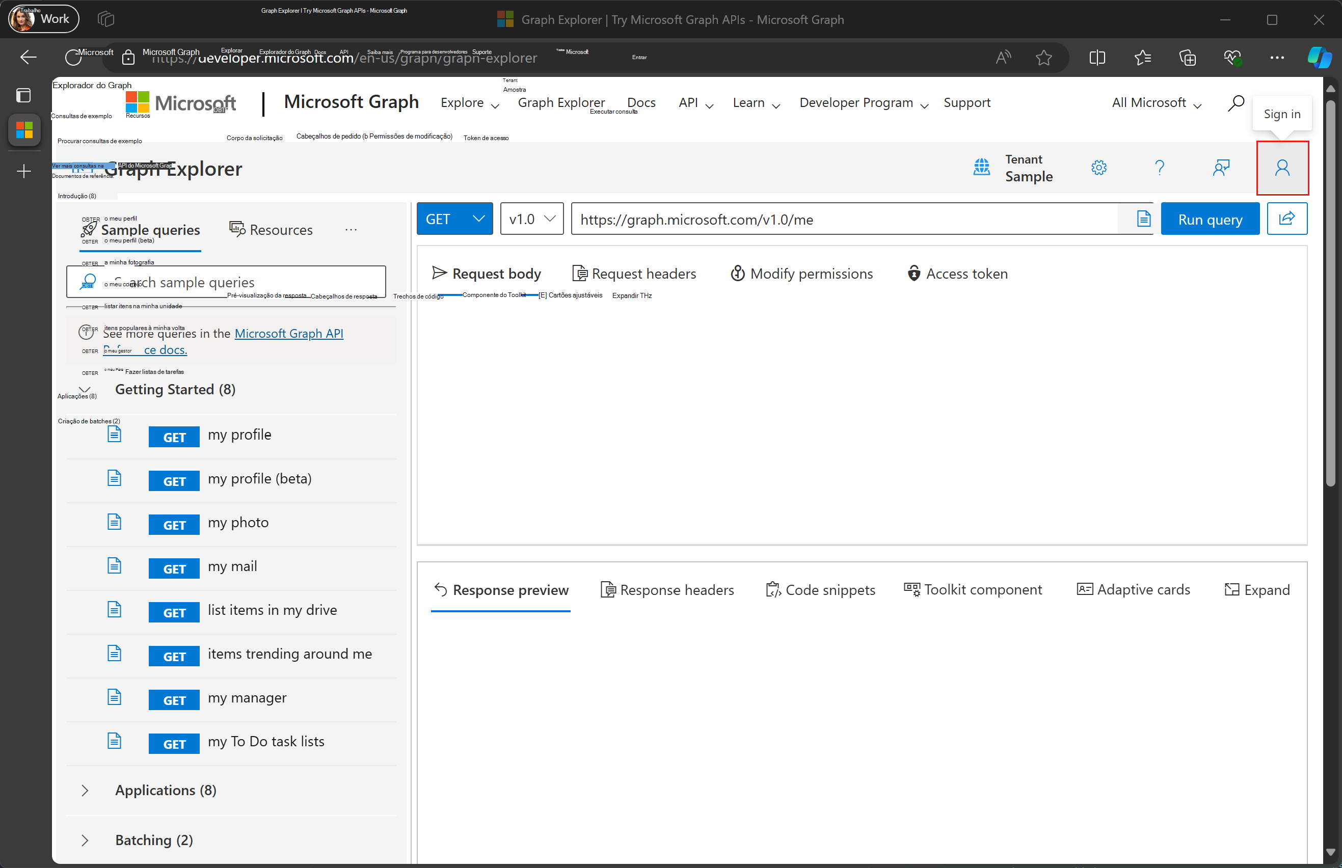 Uma captura de ecrã do botão de início de sessão do Graph Explorer