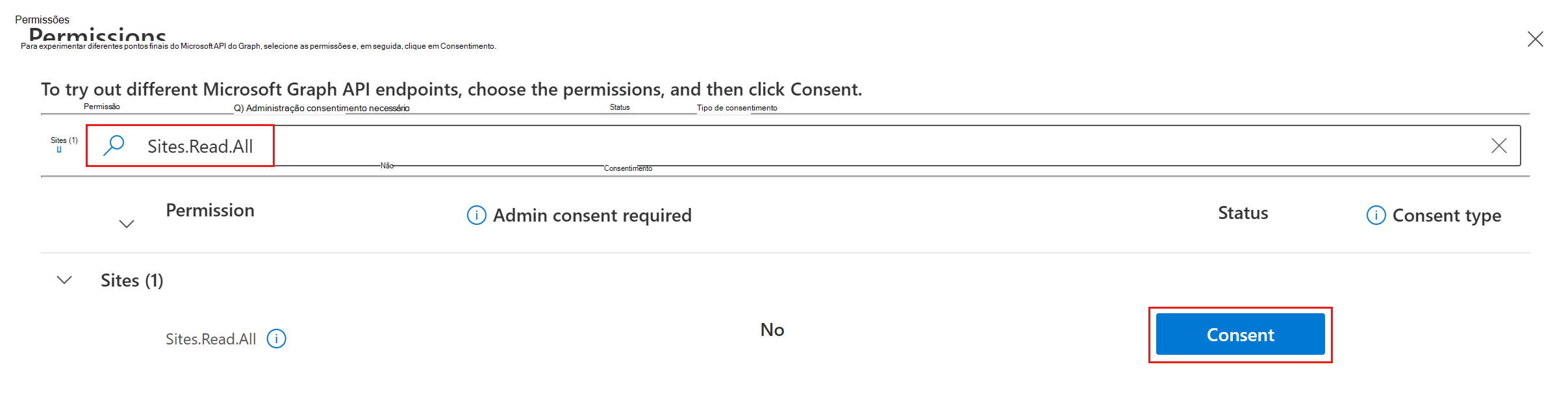 Uma captura de ecrã da caixa de diálogo de consentimento de permissão do Graph Explorer com Sites.Read.All