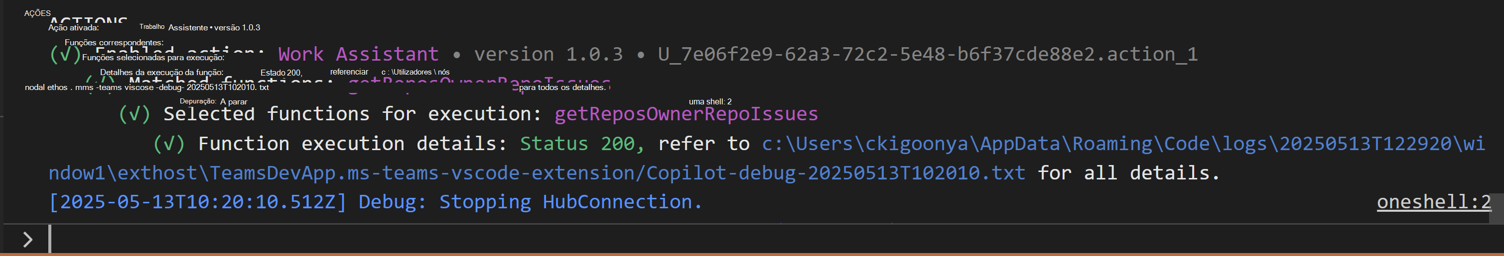 Captura de ecrã da sessão do Toolkit do Agente onde o Copilot devolveu uma card com informações de depuração que mostram as ações configuradas do agente