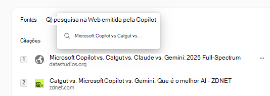 Captura de ecrã a mostrar citações de consulta de pesquisa na Web no Microsoft 365 Copilot.