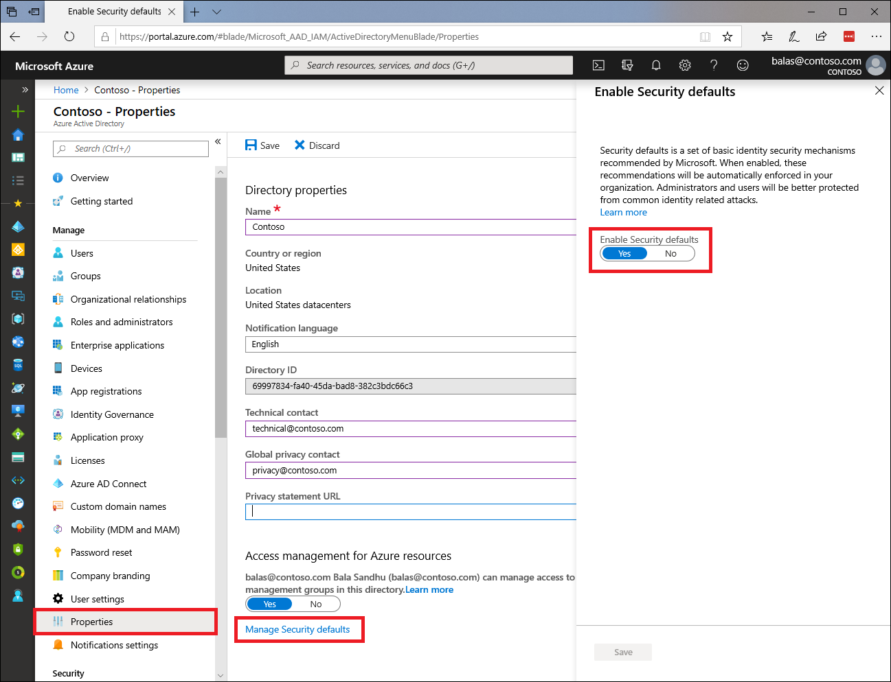 Captura de tela do portal do Azure com a opção de ativar os padrões de segurança.