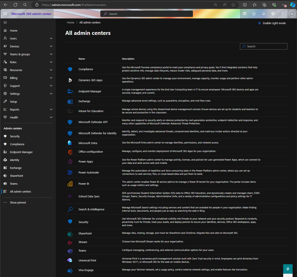 Captura de ecrã a mostrar o centro de administração para outras definições de administrador.