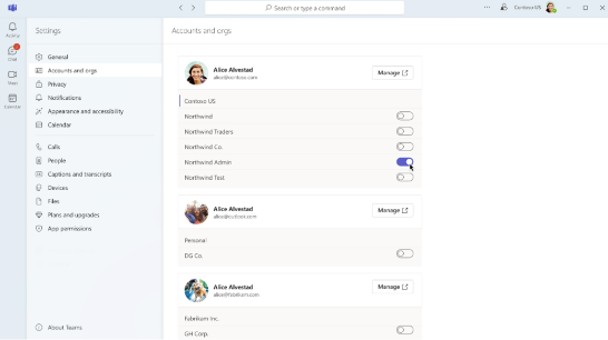 Uma captura de ecrã a mostrar o botão de alternar para que outras organizações apareçam no seletor de conta.