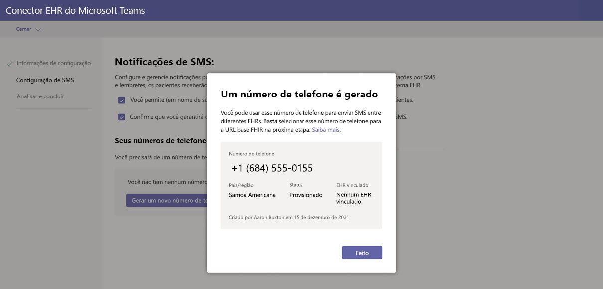 Captura de tela mostrando um exemplo do número de telefone gerado.