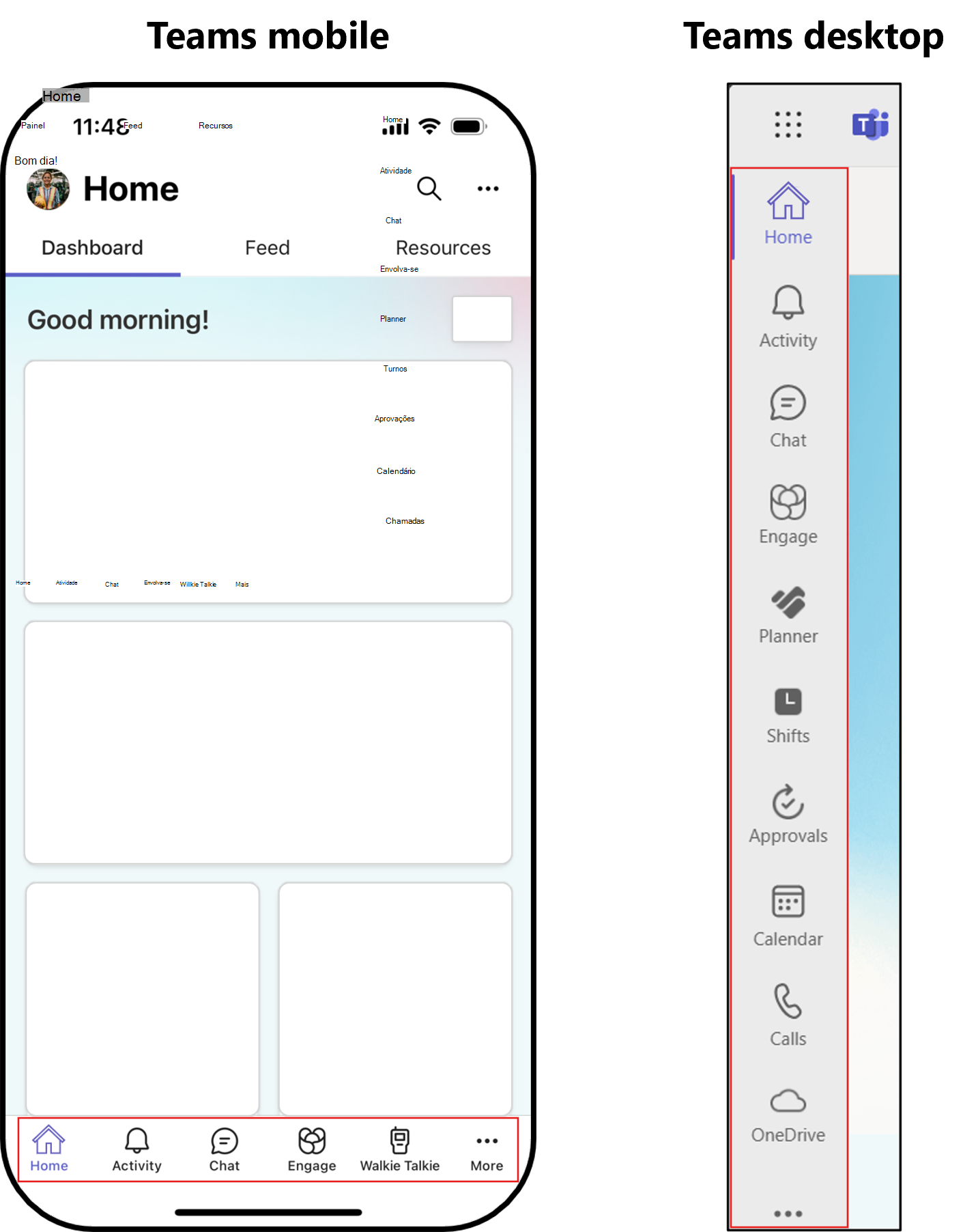 Captura de ecrã a mostrar a experiência personalizada da aplicação de primeira linha no Teams para dispositivos móveis e no Teams para ambiente de trabalho.