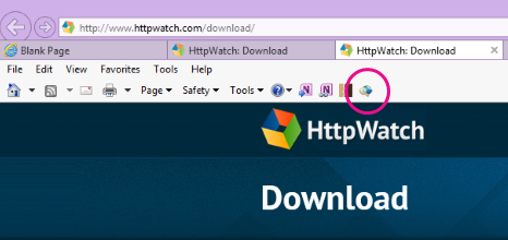 Barra de ferramentas Comando do Internet Explorer com o ícone HTTPWatch exibido.
