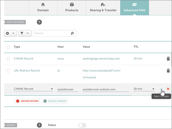 Captura de tela do controle Salvar Alterações para o registro CNAME.