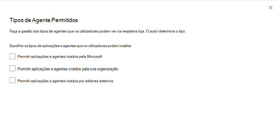Captura de ecrã de Tipos de agente permitidos.