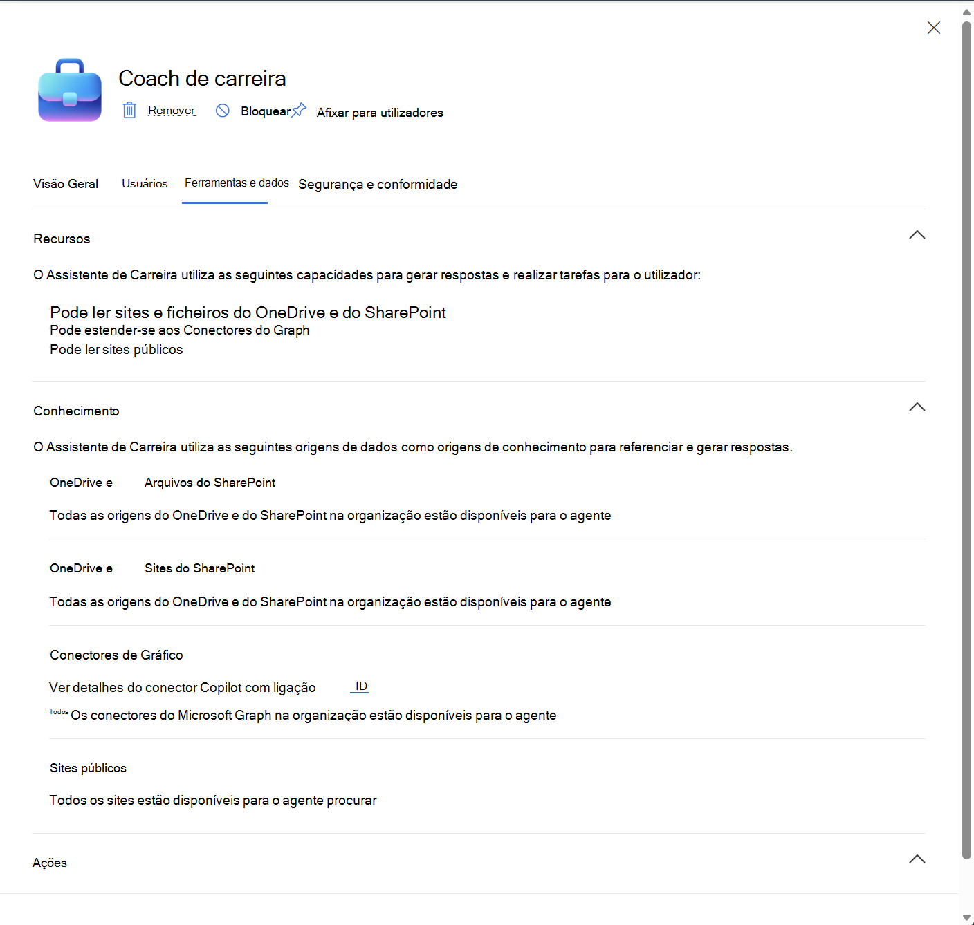 Captura de ecrã a mostrar o Assistente de Carreira de um agente.