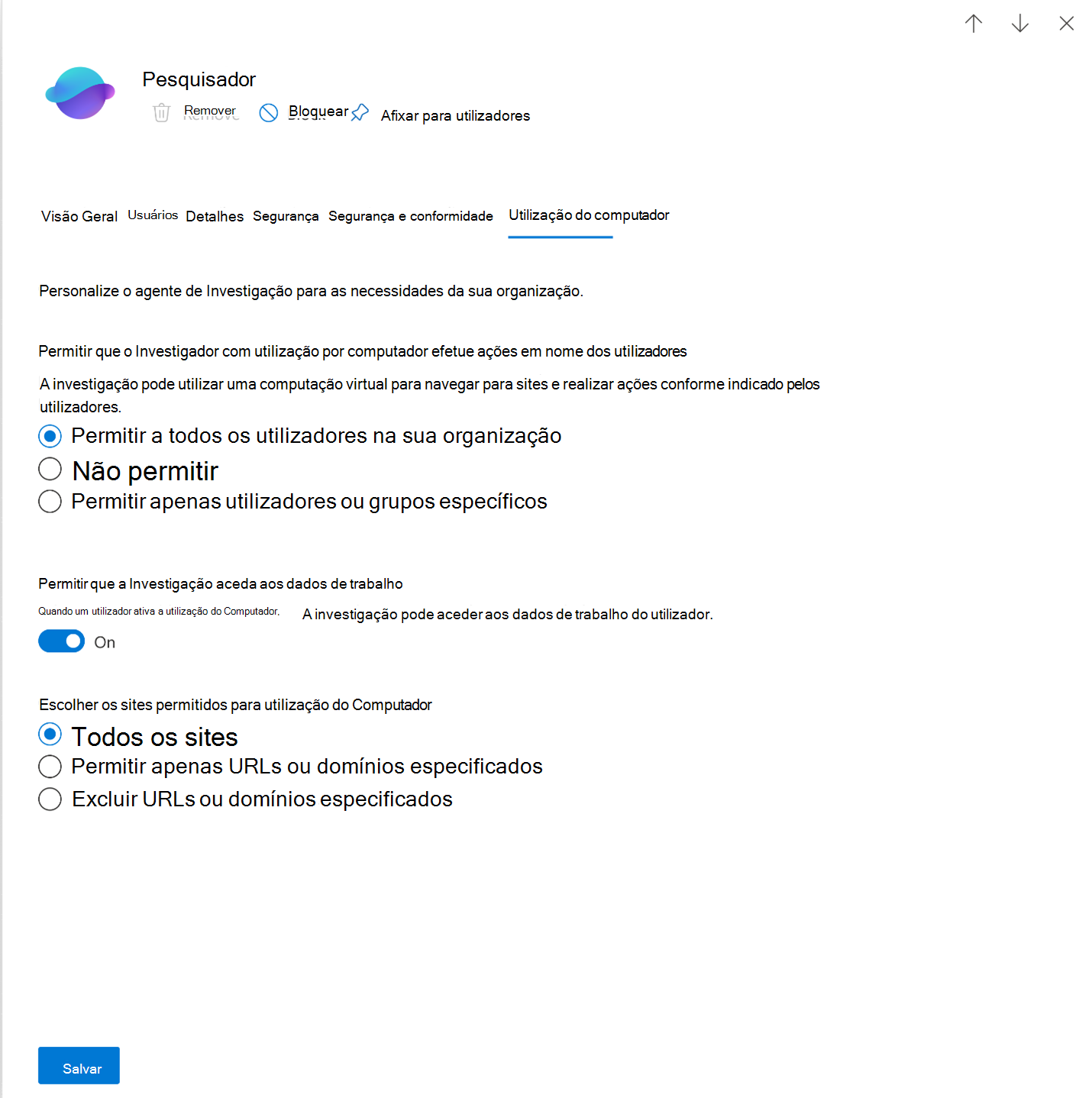 Captura de ecrã a mostrar a página Investigação para Utilização de Computadores.