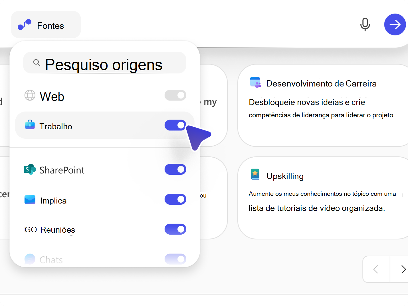 Captura de ecrã a mostrar a opção Trabalho.