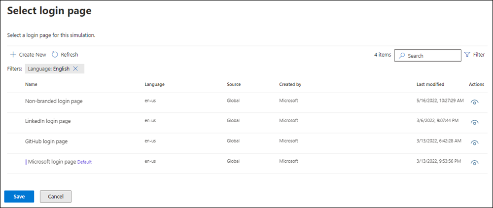 A página Selecionar logon na guia Página de Logon no flyout de detalhes de carga no Treinamento de simulação de ataque no portal Microsoft Defender