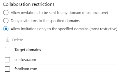 Captura de tela das configurações de restrições de colaboração no Microsoft Entra ID.