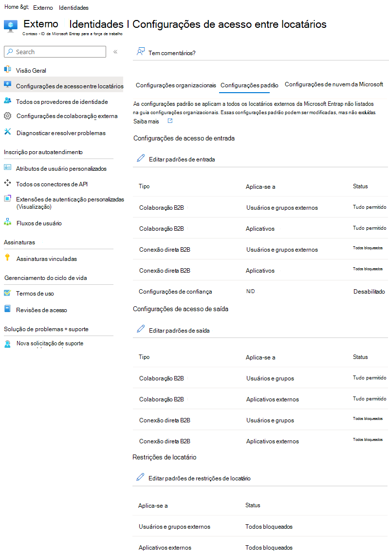 Captura de tela da página de configurações de acesso entre locatários do Azure Active Directory.