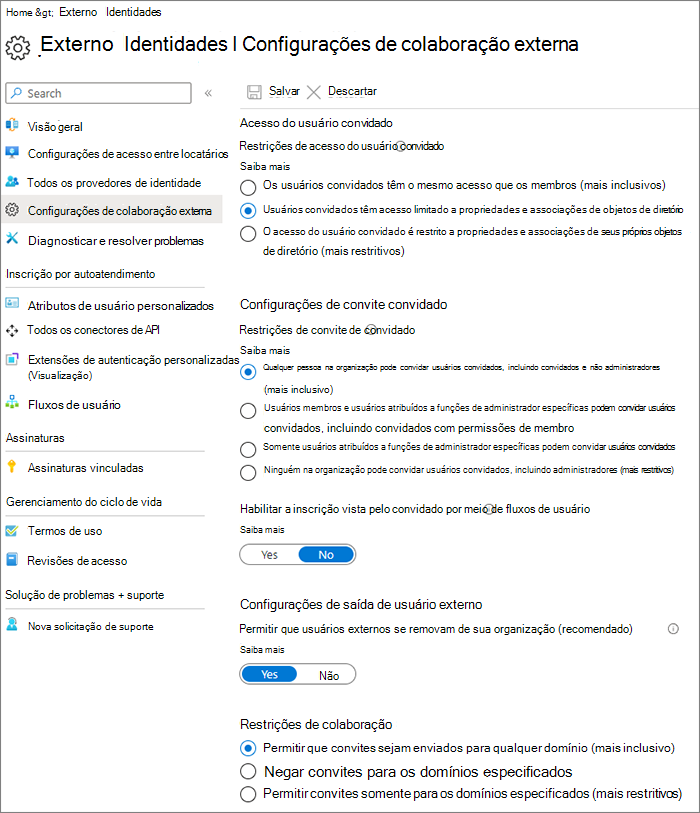Captura de tela da página de configurações das Relações Organizacionais do Azure Active Directory