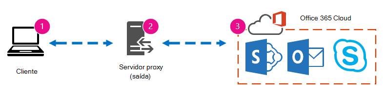 Um gráfico de rede básico mostrando a nuvem do cliente, do proxy e do Office 365.