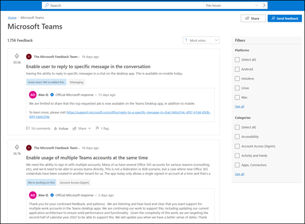Captura de ecrã: página do portal de comentários do Microsoft Teams