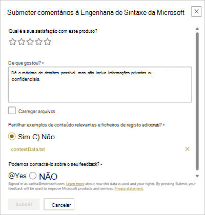 Captura de tela de envio de comentários para a Microsoft.