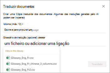 Captura de tela mostrando a tela Traduzir documentos com opções de glossário de tradução.