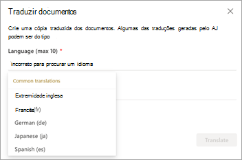 Captura de tela mostrando a tela Traduzir documentos com opções de idioma.