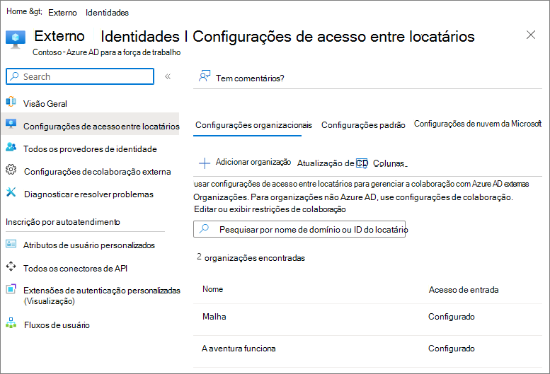 Captura de tela das configurações de acesso entre locatários no Microsoft Entra ID com duas organizações externas configuradas.