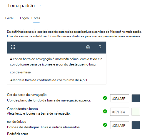 Captura de tela: guia Cores mostrando as cores padrão do tema para sua organização