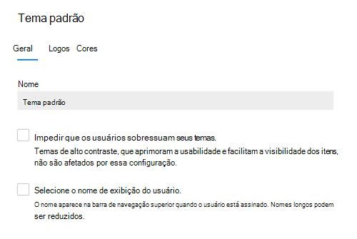 Captura de tela: guia geral mostrando o tema padrão para sua organização